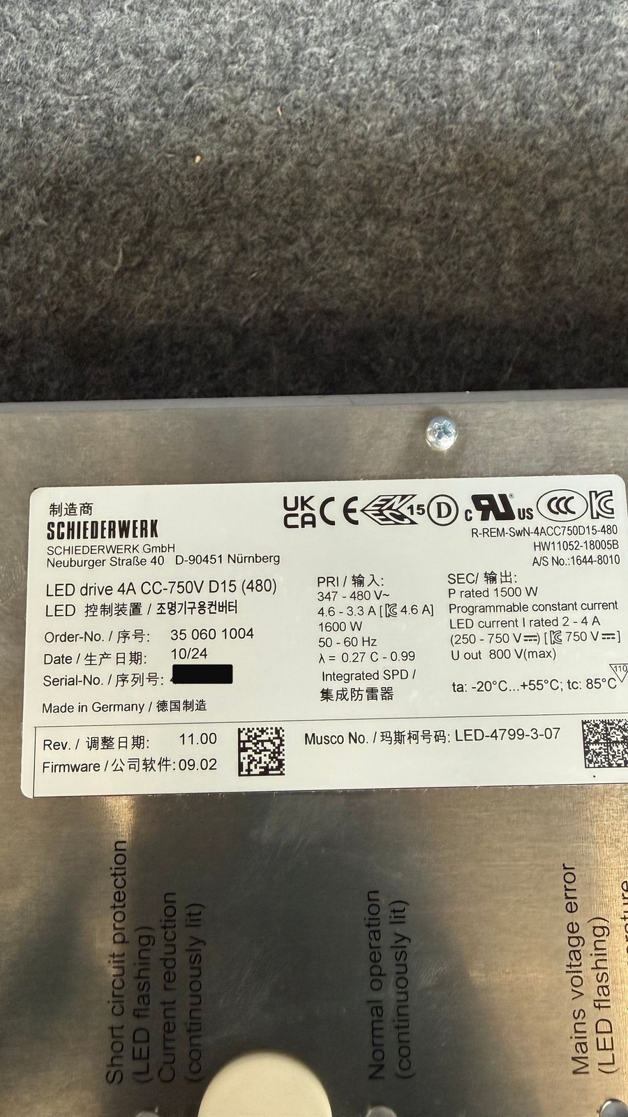 SCHIEDERWERK Dimmable LED Drive AC/DC Power Supply 4A CC-750V D15