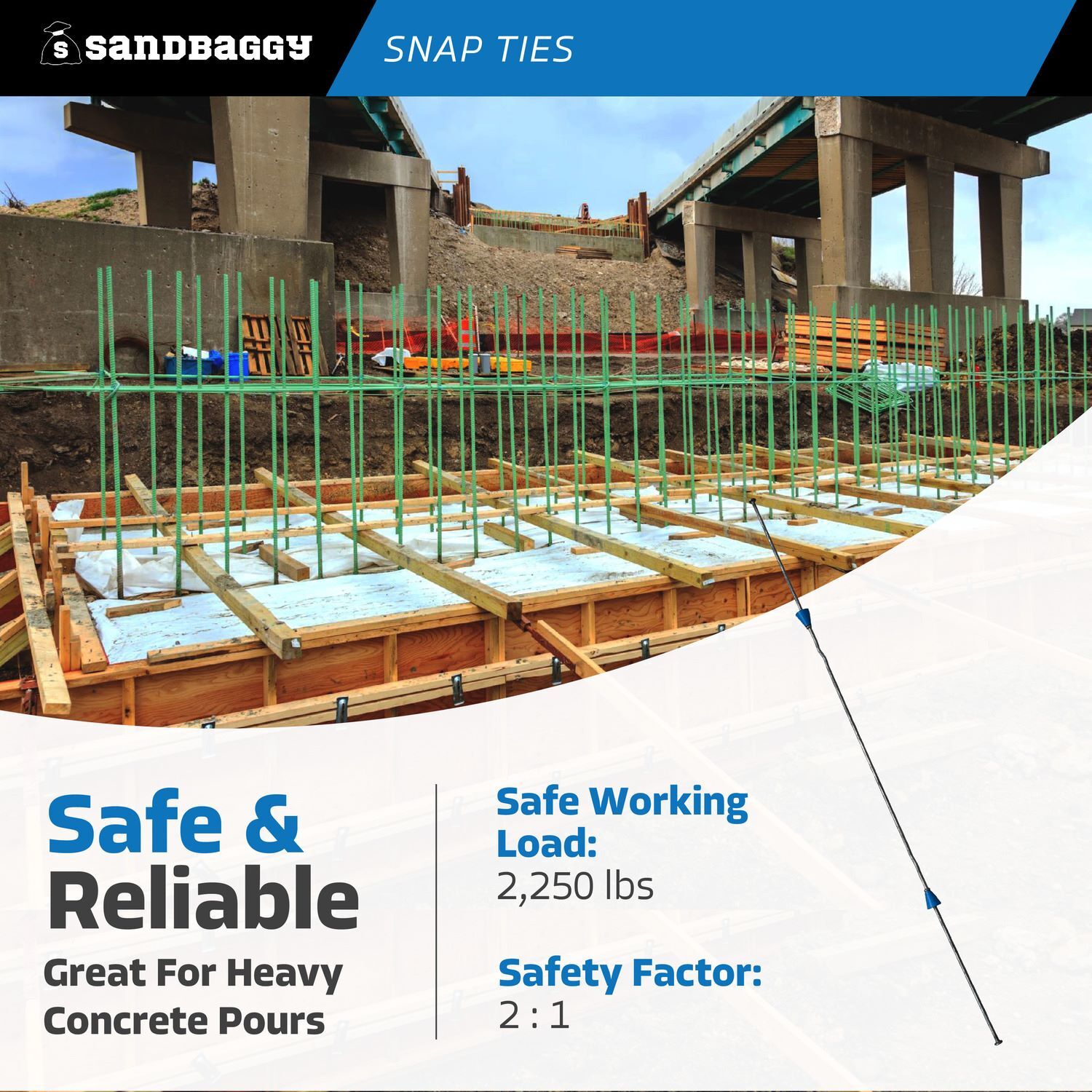 Sandbaggy 20″ x 8 ¼» Standard Snap Ties For Concrete Forms (Long End)