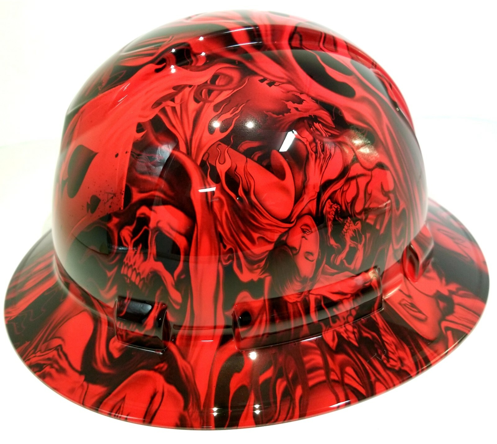 FULL BRIM Hard Hat custom hydro dipped, NEW CANDY RADIOACTIVE RED ACE OF SKULLS