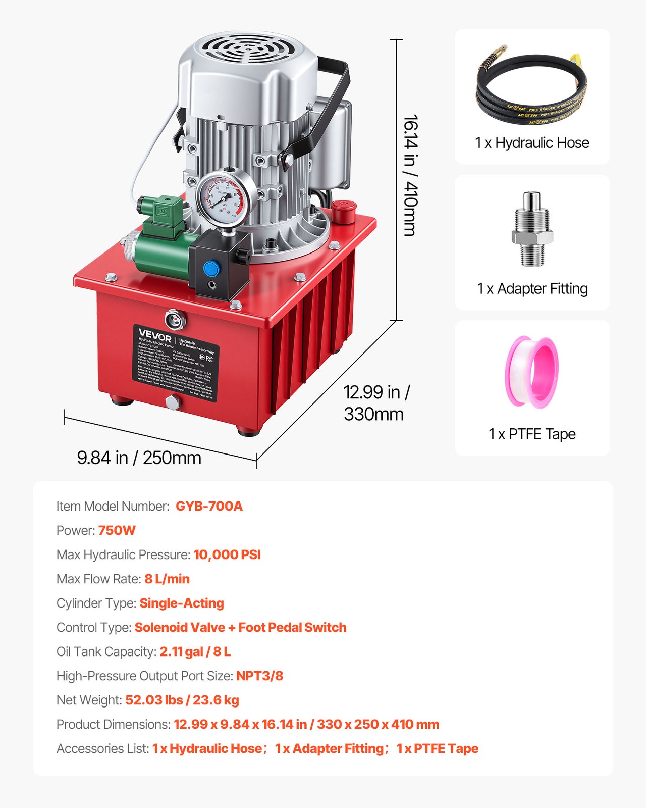 VEVOR Electric Hydraulic Pump 750W 10000 PSI Single Acting Solenoid Valve Pedal