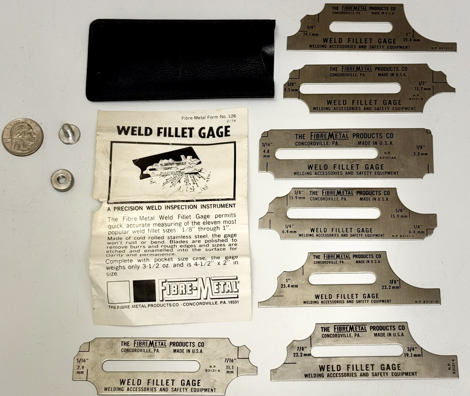 Fibre-Metal Products Weld Fillet Gauge 7 Pc Set Vintage Inspection Tool w/ Paper