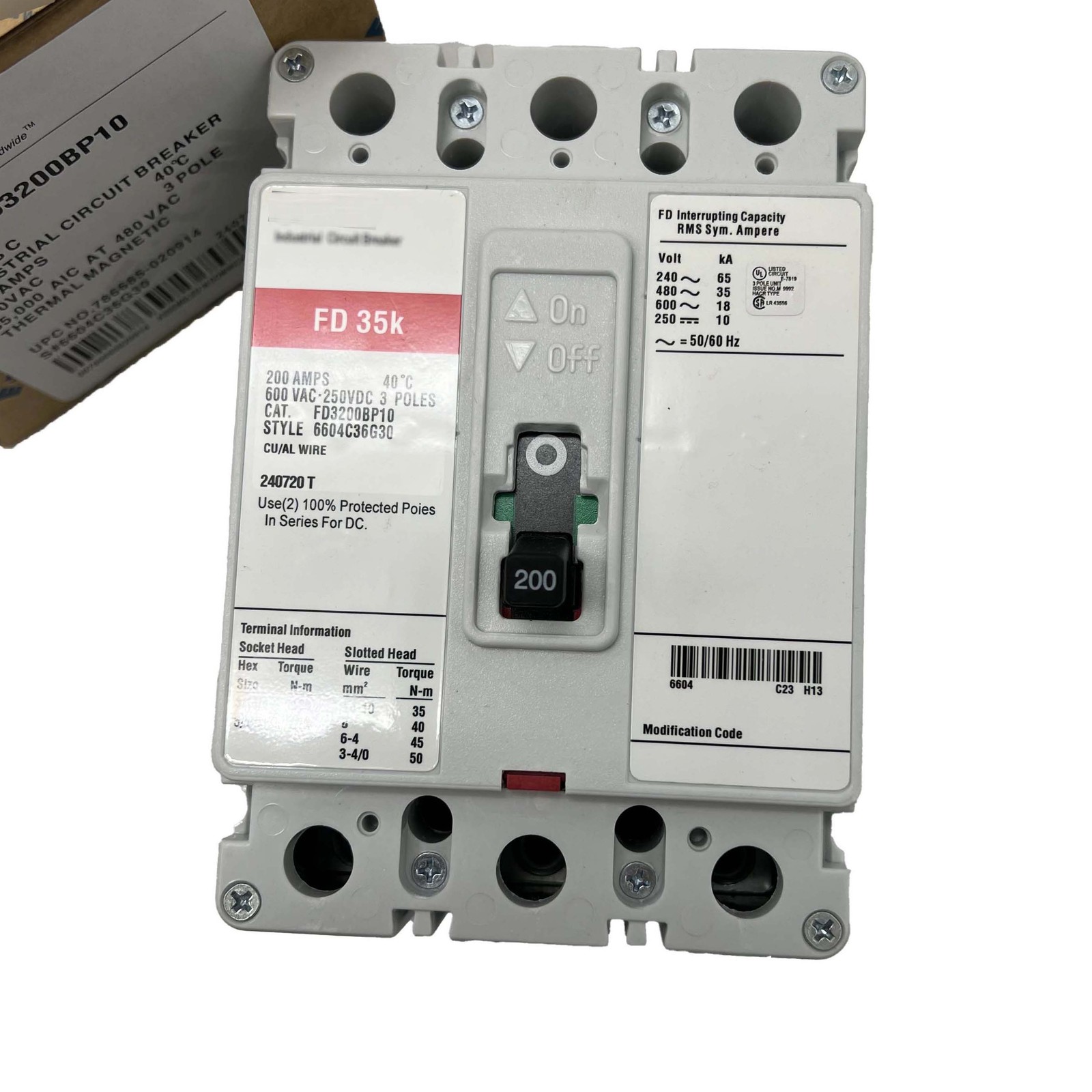 New Circuit Breaker FD 35k 200 Amp 3 Pole 600V FD3200BP10