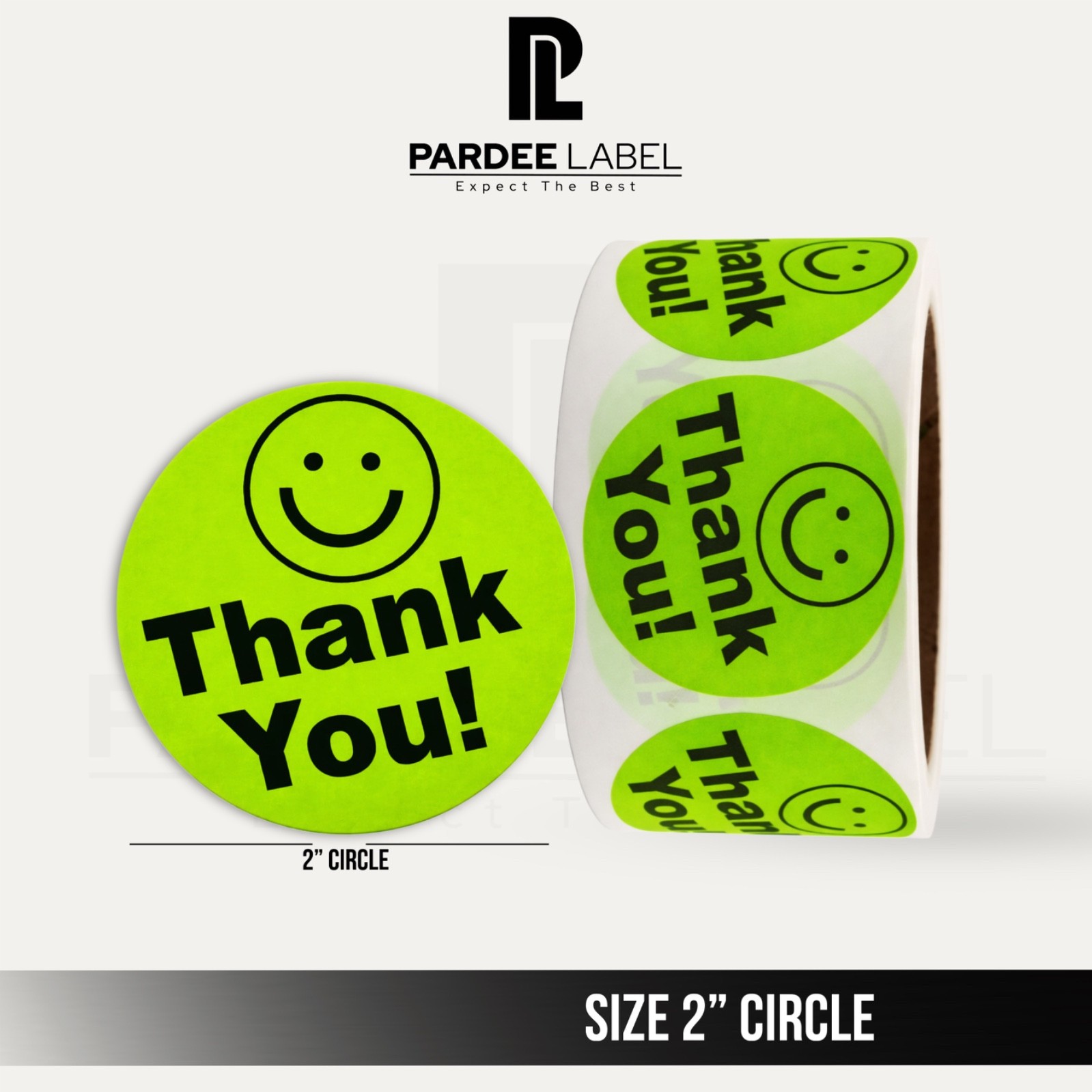 Thank You Stickers Neon Green 2” Circle – 250 Labels Per Roll – Smile Face