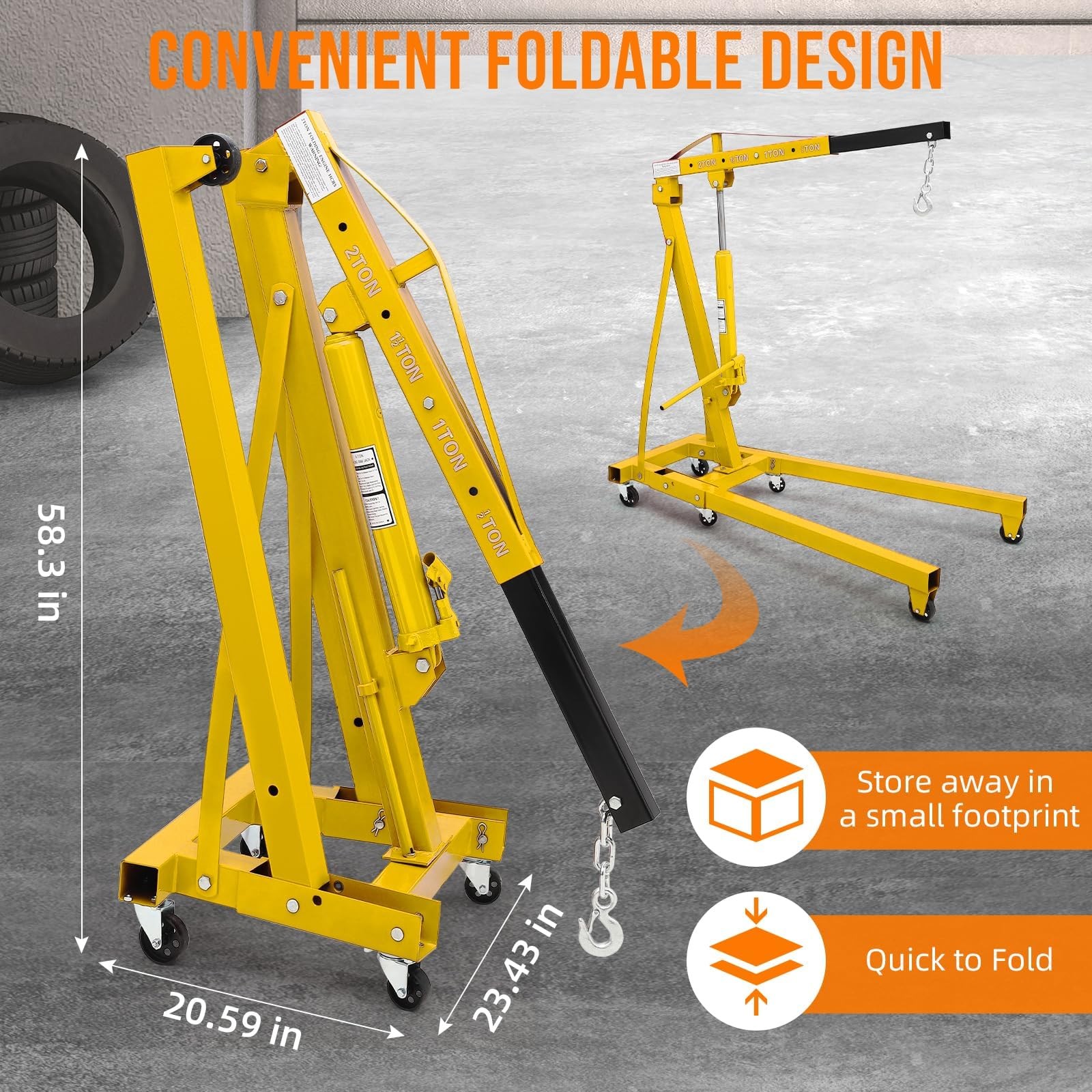 Garvee 2T Engine Hoist Heavy Duty Folding Cherry Picker Hydraulic Lift 4400LBS