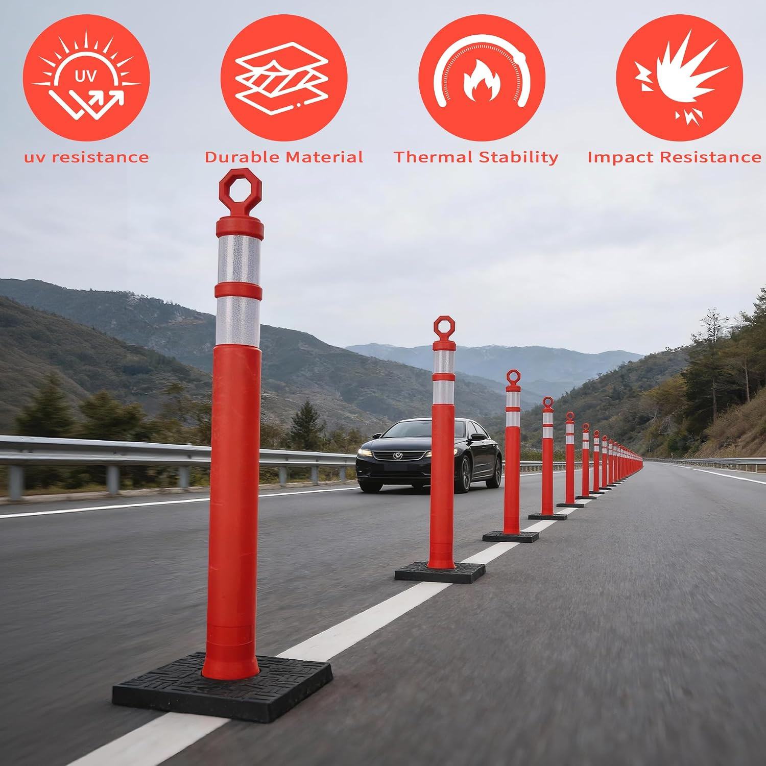 6 Pack 42 Inch Orange Traffic Delineator Posts, Heavy-Duty Safety Posts with 360
