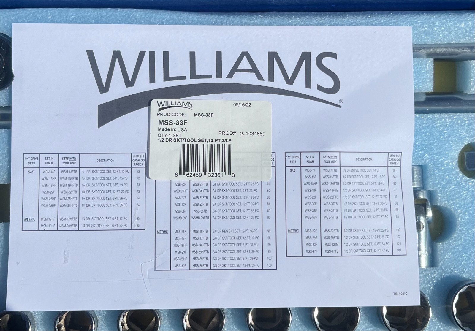 Wi1liams 1/2″Drive 13-30mm &10-24mm 12pt Sockets&Drive Tools Set MSS-33FTB