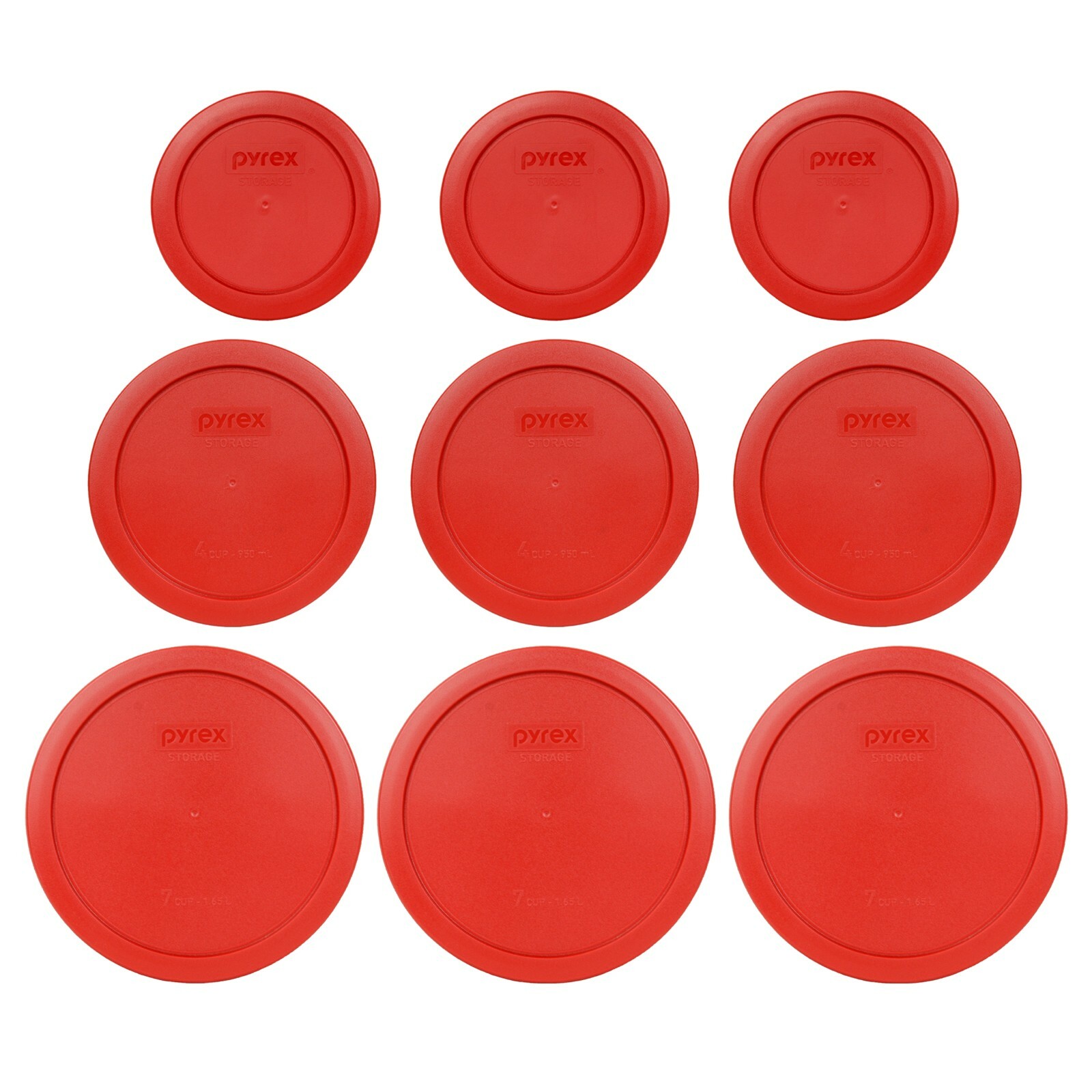 Pyrex (3) 7200-PC, (3) 7201-PC, (3) 7402-PC Poppy Red Plastic Food Storage Lids