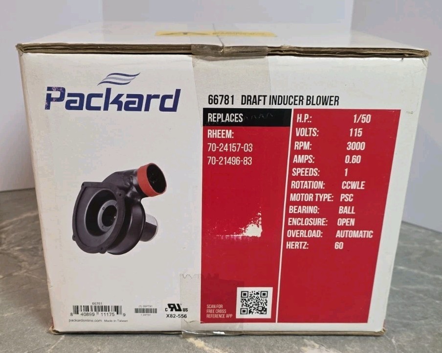 Packard 66781 Rheem Replacement Draft Inducer Blower Motor 115V 0.6 Amp