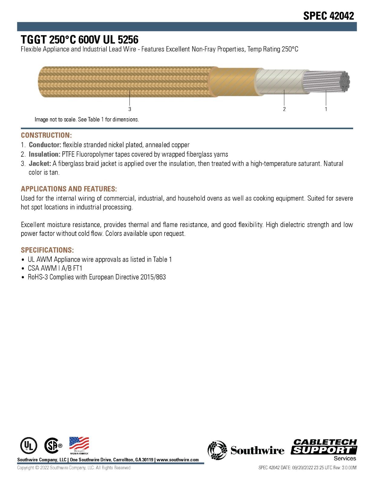 Southwire #14awg TGGT High Temperature Lead Wire UL-5256 250C/600V Tan /10ft