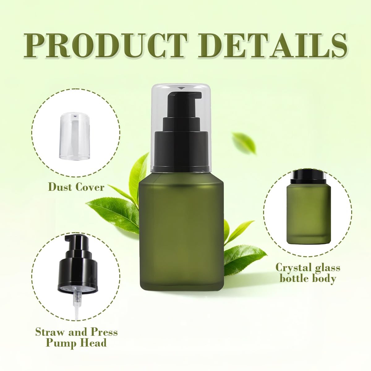 1PCS 60ML/2OZ Empty Refillable Green Frosted Glass Bottles with Pump Vial…