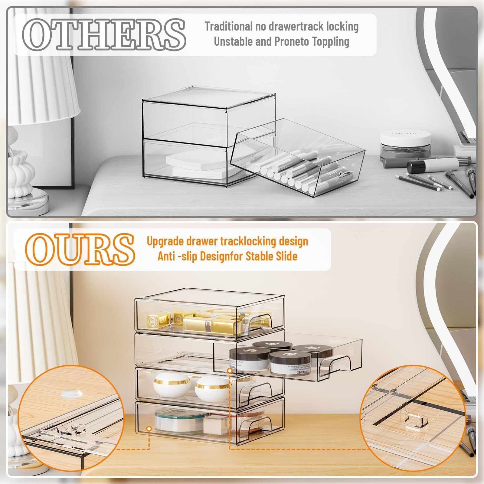 8 Pack Acrylic Drawer Organizer, 2.2in Tall Stackable Clear Storage Bin Part