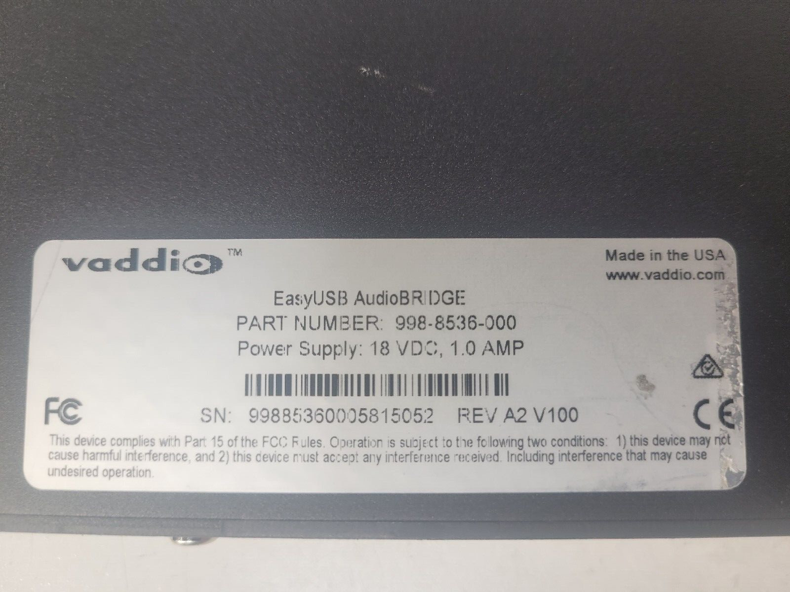 Vaddio Easy USB 998-8536-000 AV Bridge Mini HD Audio Video Encoder w AC Adapter