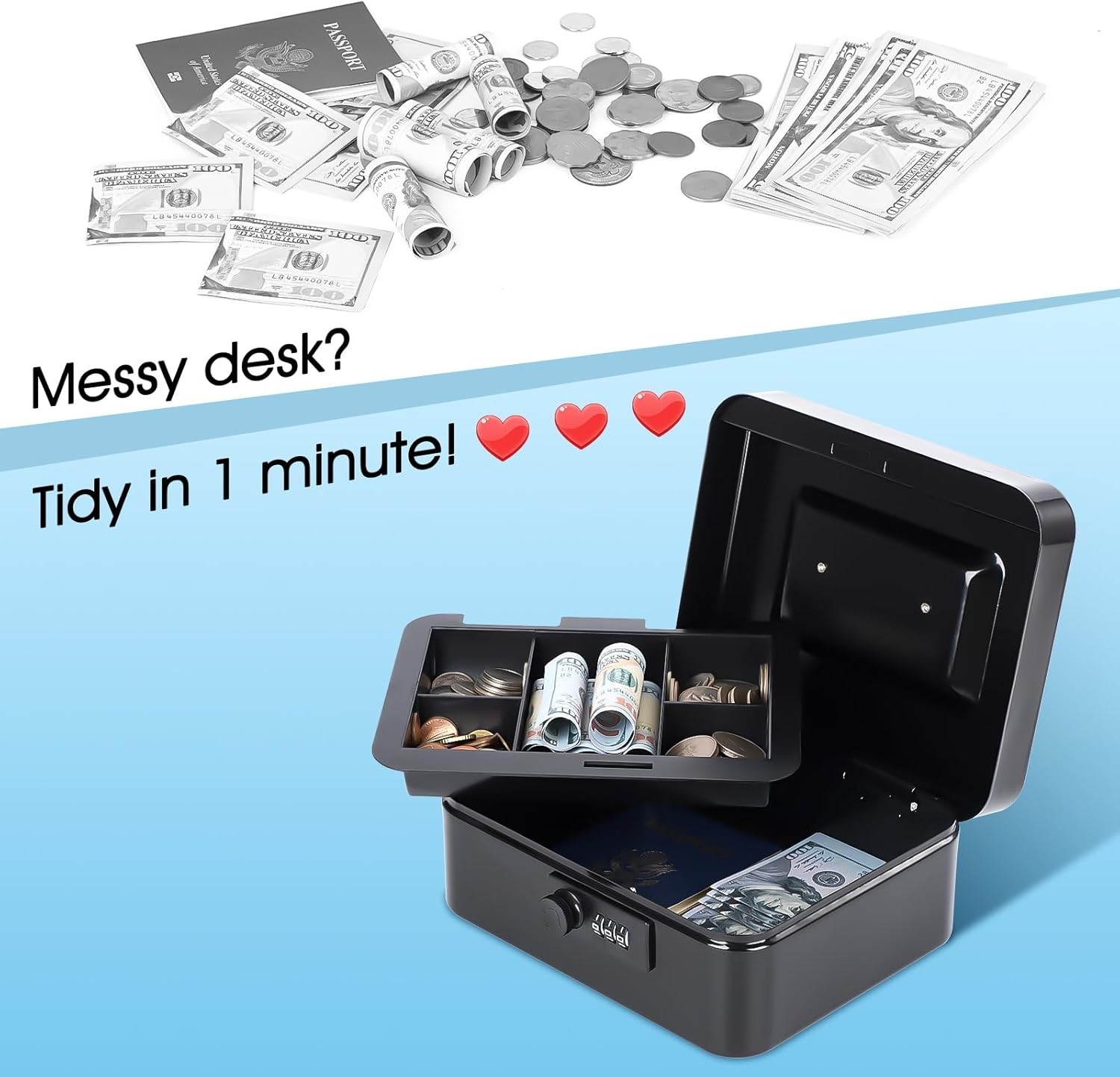 Everyday Use Portable Cash Box with Combination Lock – 7.87×6.30 Inches Black