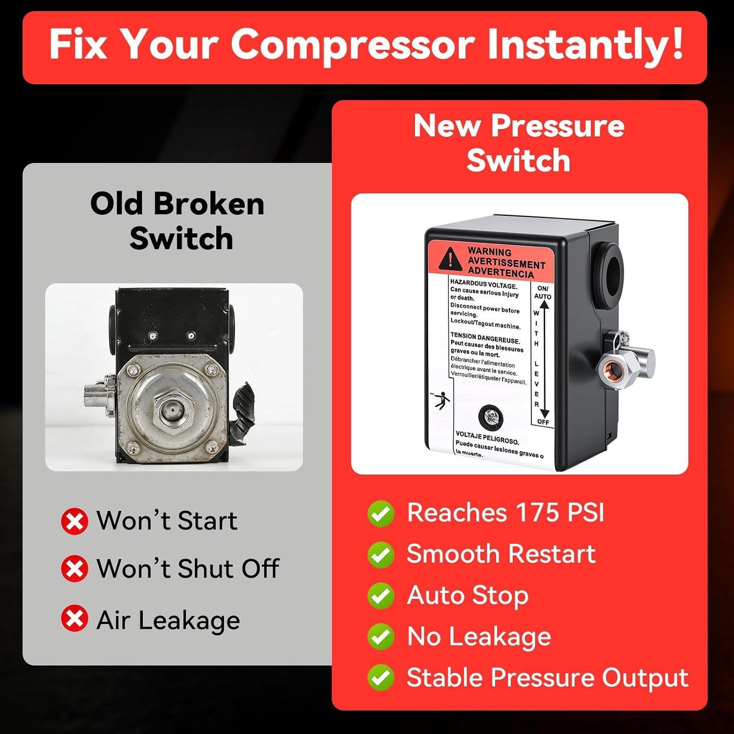 Ingersoll Rand 23474653-R Two Stage Air Compressor Pressure Switch 230V