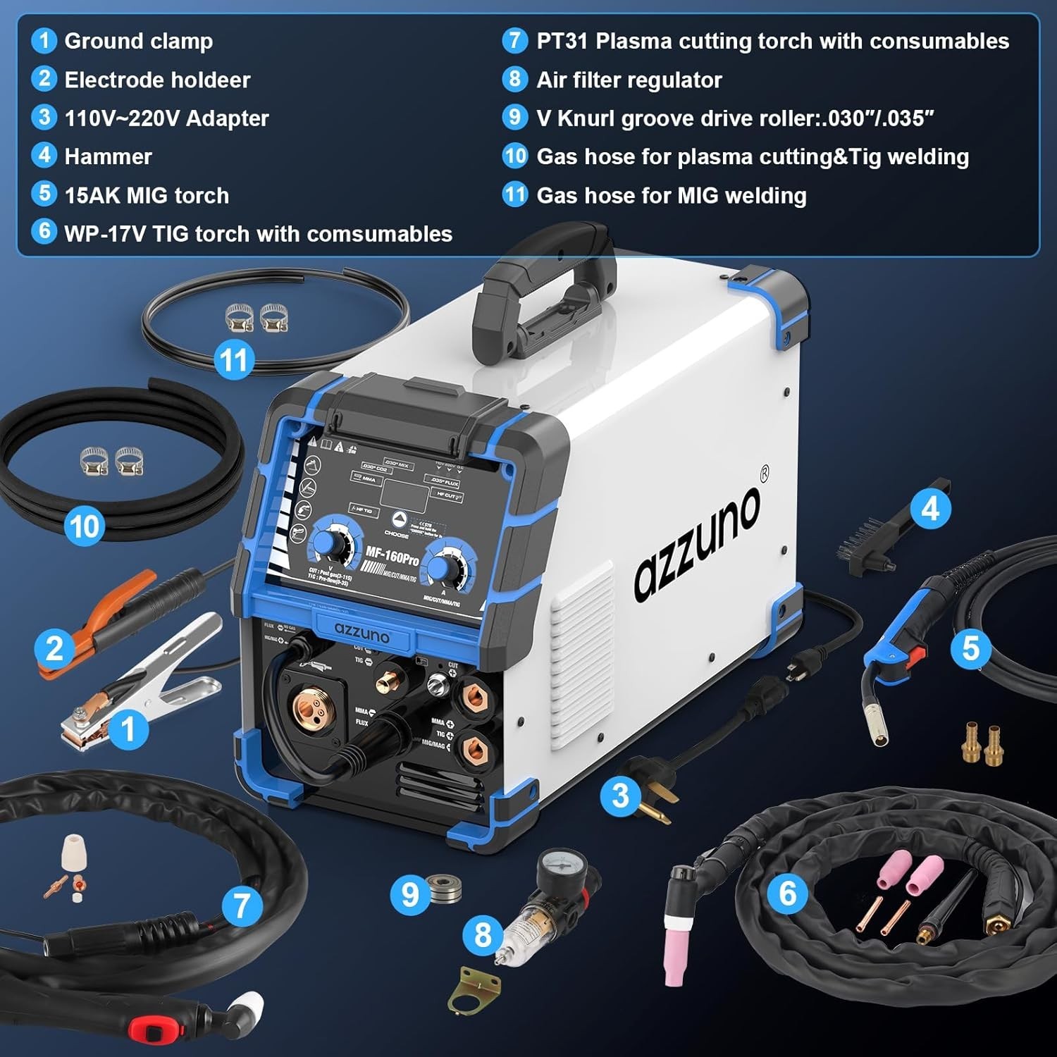 AZZUNO 5-in-1 Plasma Cutter Welder Combo Cut/Gas MIG/Flux MIG/HF TIG 110V/220V