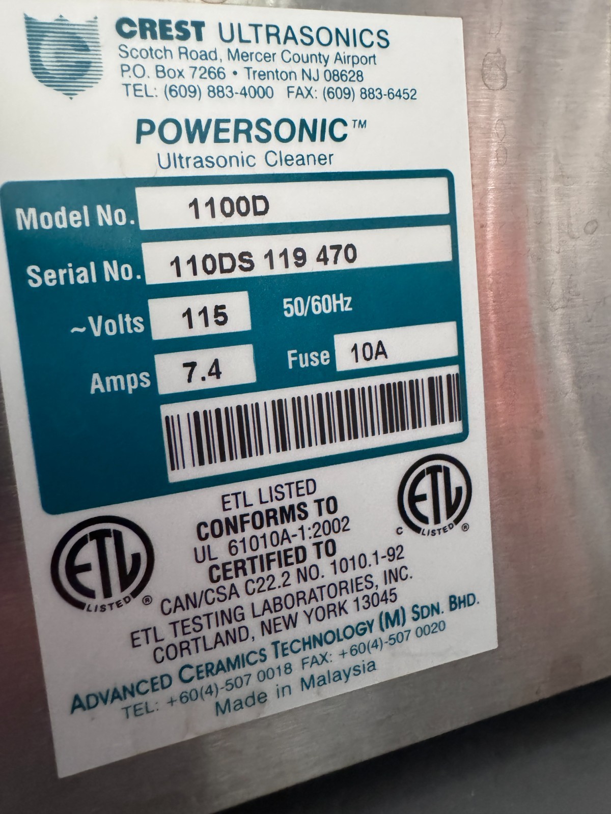 Crest Ultrasonics 1100D Benchtop Ultrasonic Cleaner, NO BASKET