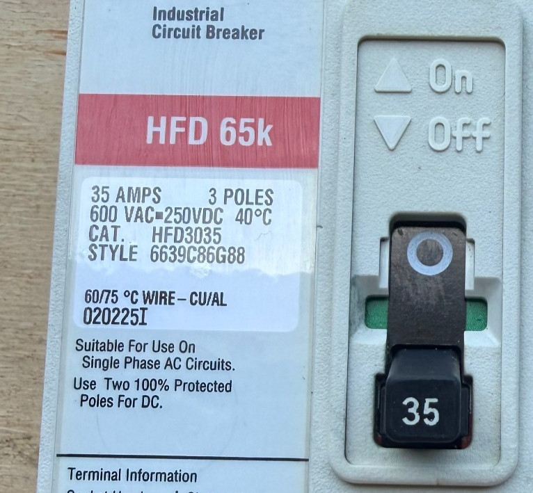 Eaton Cutler Hammer HFD3035 35Amp 600V 3 Pole HFD 65k Circuit Breaker