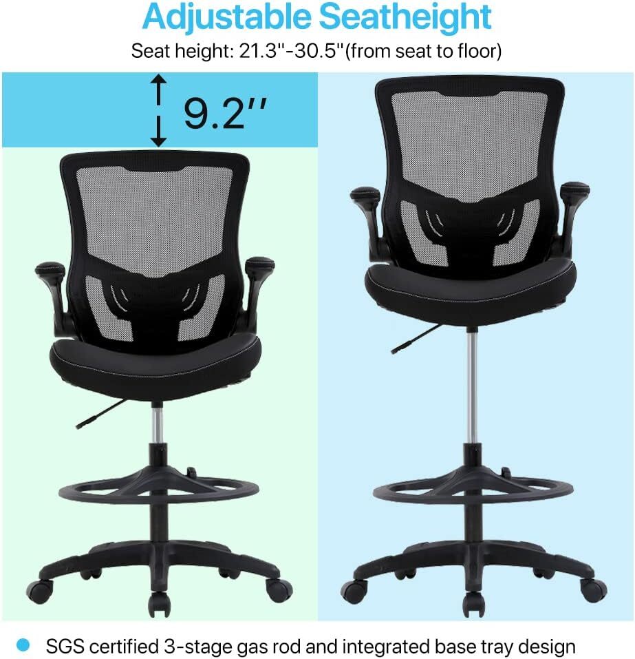 Drafting Chair Tall Office Chair Ergonomic Desh Chair with Lumbar Support Black