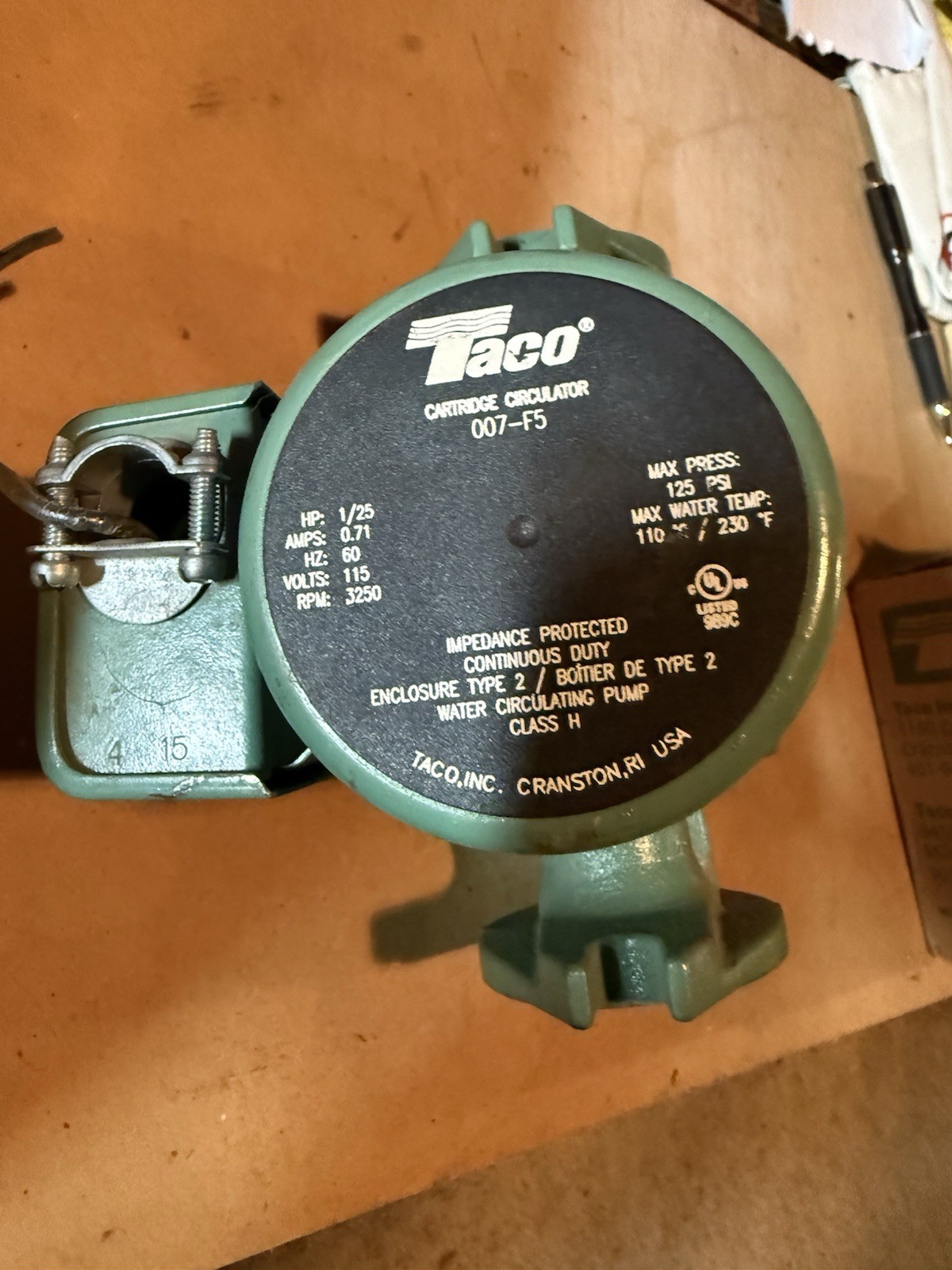Taco 007-F5 Cast Iron Circulator, 1/25 HP Pump with Universal Pump-lightly Used
