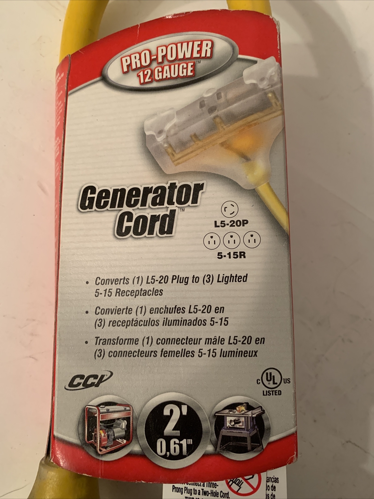 Pro-Power 12 Gauge Generator 2′ Cord – converts l5-20 plug to lighted 5-15