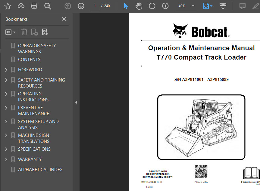 BOBCAT T770 COMPACT TRACK LOADER OPERATORS SERVICE REPAIR SHOP MANUAL PDF USB