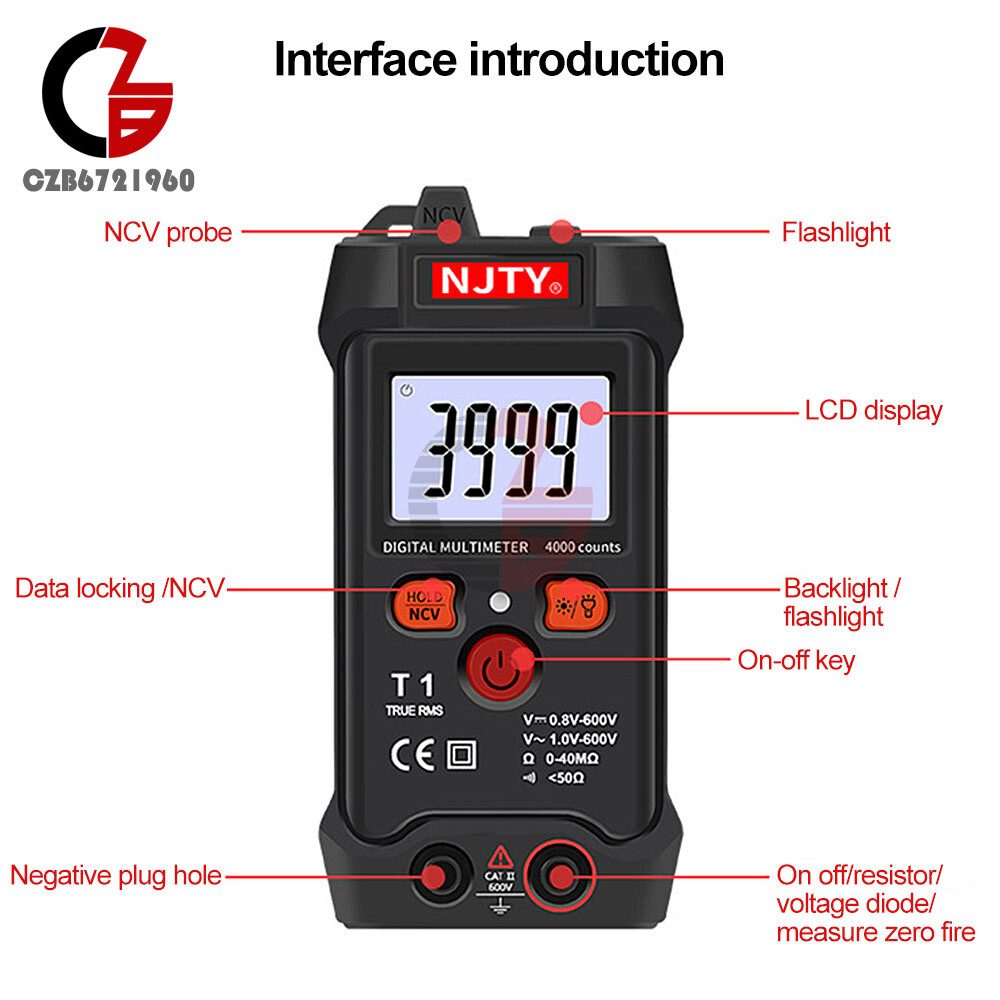 T1 Digital Automatic Multimeter Small AC DC Voltage 600V 0Ω~40MΩ 4000 Backlight