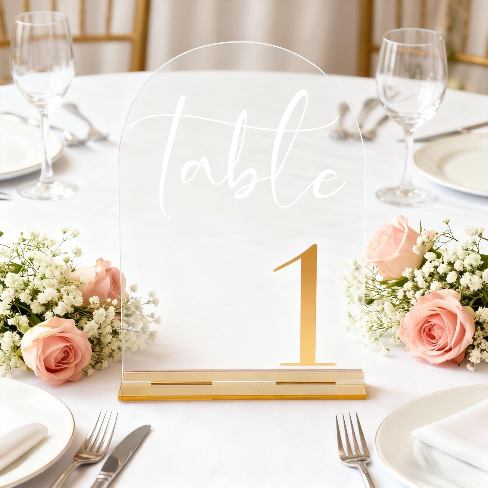 110 Clear Acrylic Arch Wedding Table Numbers Signs Gold Font Set 5×7 Inch