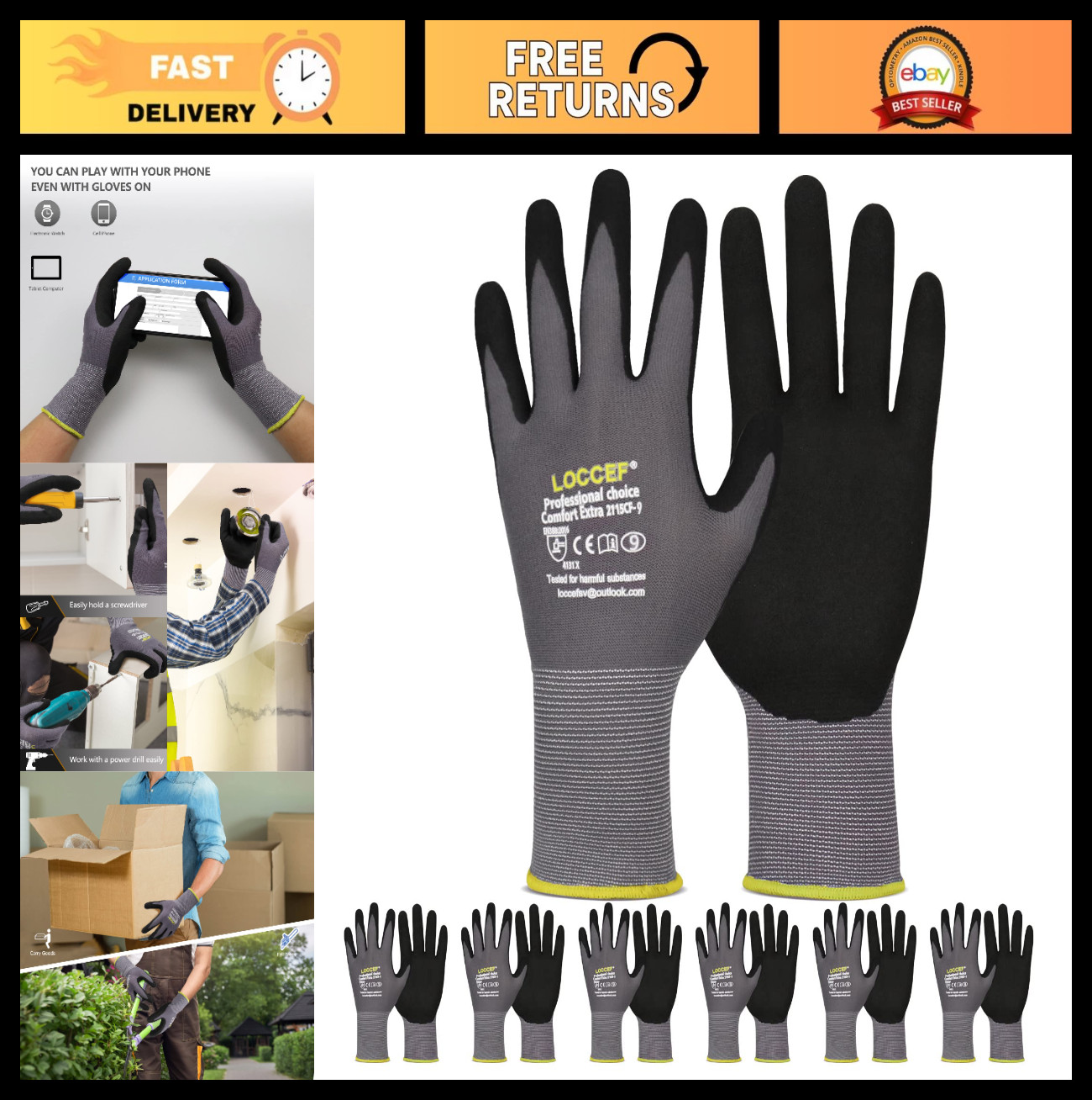 MicroFoam Nitrile Coated Work Gloves – 6 Pairs, Seamless Knit Nylon, Gray
