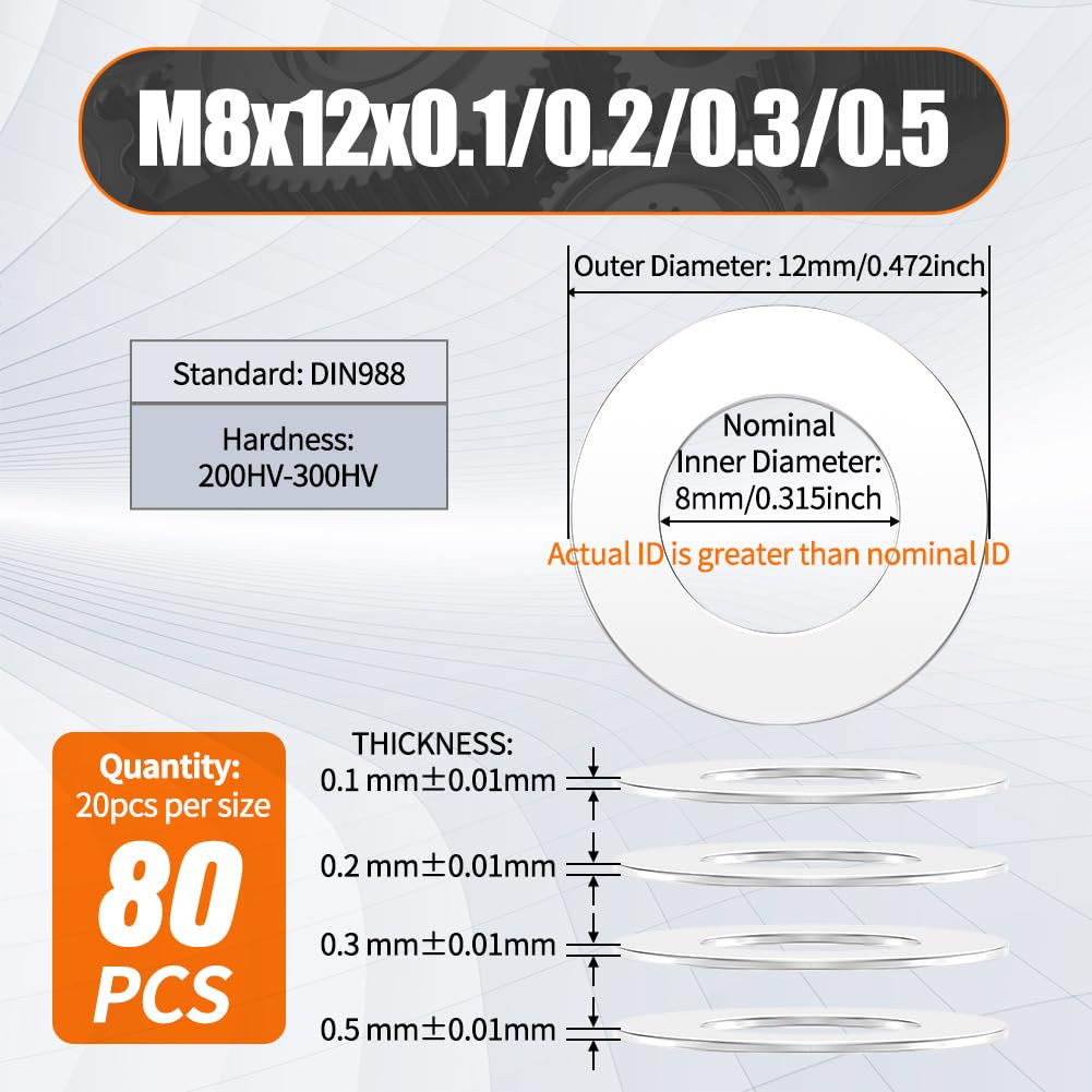 Shim Washer 8 X 12 Precision Spacers Kit 80 Pcs 20 Units X 0.1/0.2/0.3/0.5Mm Thi