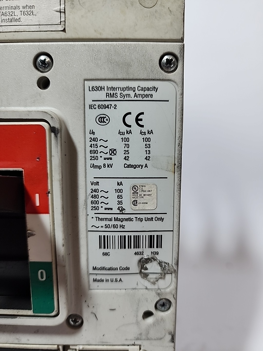 Eaton LGH3630NN Circuit Breaker 600A 3P 600V