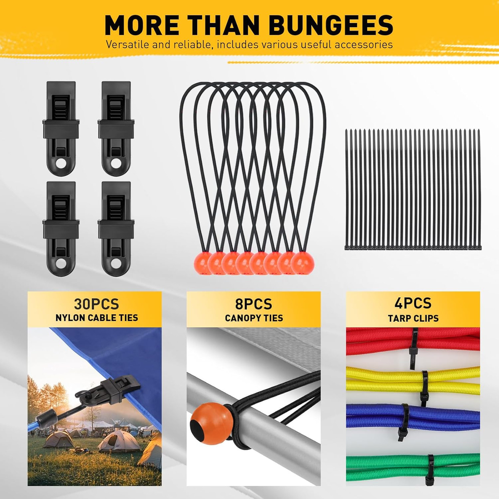 Premium Bungee Cord Set Assortment 33 Pieces Includes Hooks Tarp Clips and Ties