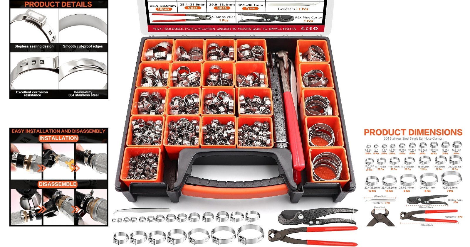 560 Pcs Single Ear Hose Clamp Kit With Pliers 22 Sizes 304 Stainless Steel