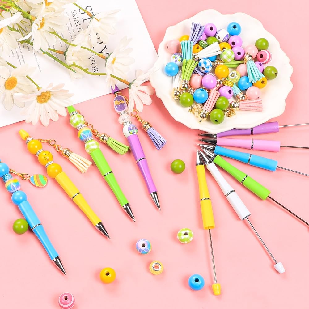 Vellibring 12 Sets Easter Beadable Pens Rabbit and Egg Ballpoint Green