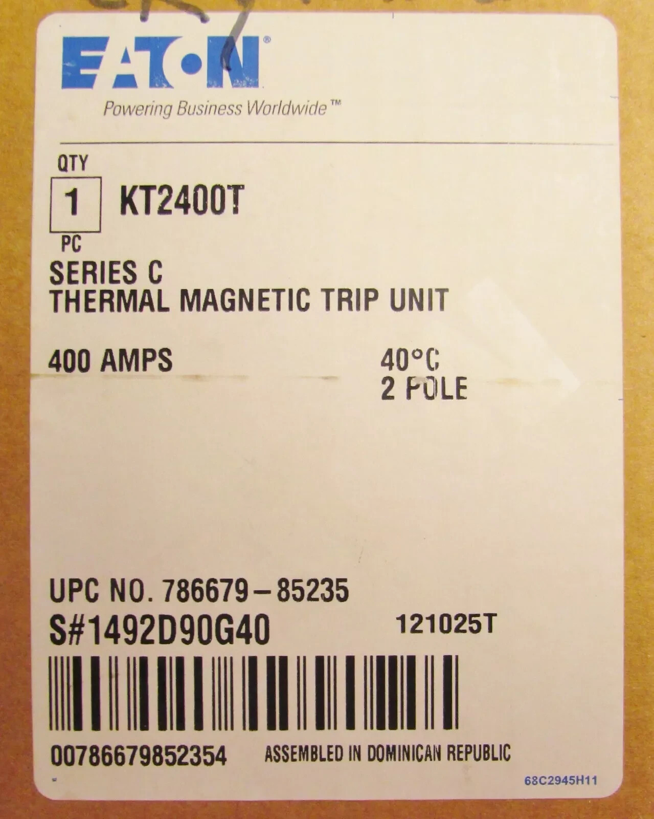 Eaton KT2400T Trip Unit KT 2P 400A 600V 50/60Hz SERIES C THERMAL MAGNETIC TRIP