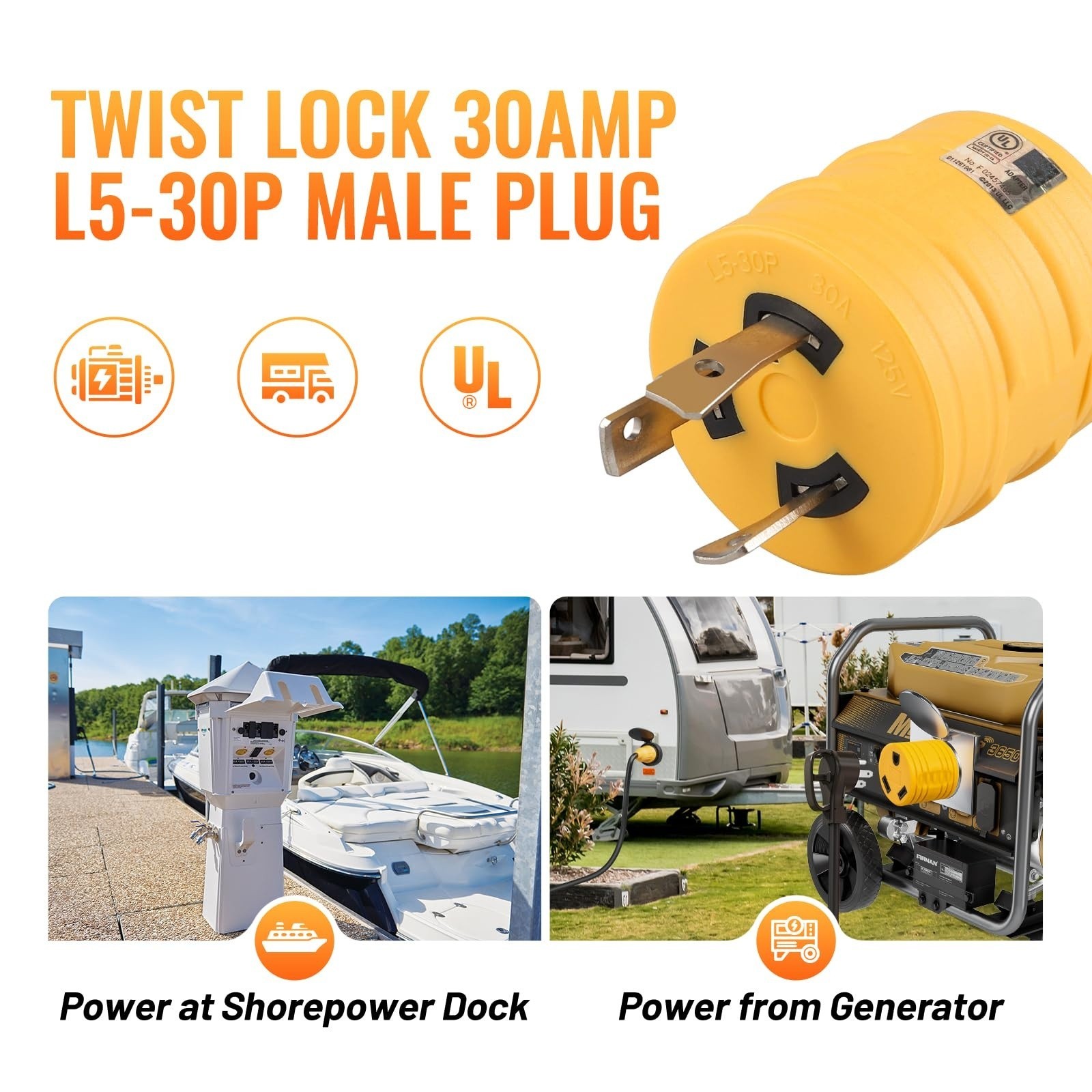 NEMA L5-30P To TT-30R 30 Amp RV Adapter 3 Prong Twist Lock Generator Plug New US