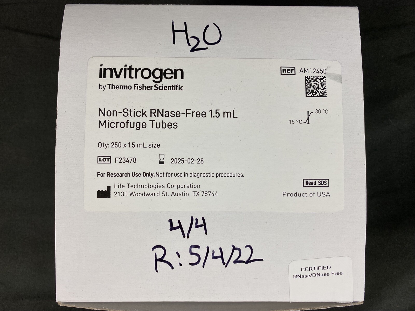 THERMO FISHER Polypropylene 1.5mL Microcentrifuge Tubes AM12450 (250/pk)