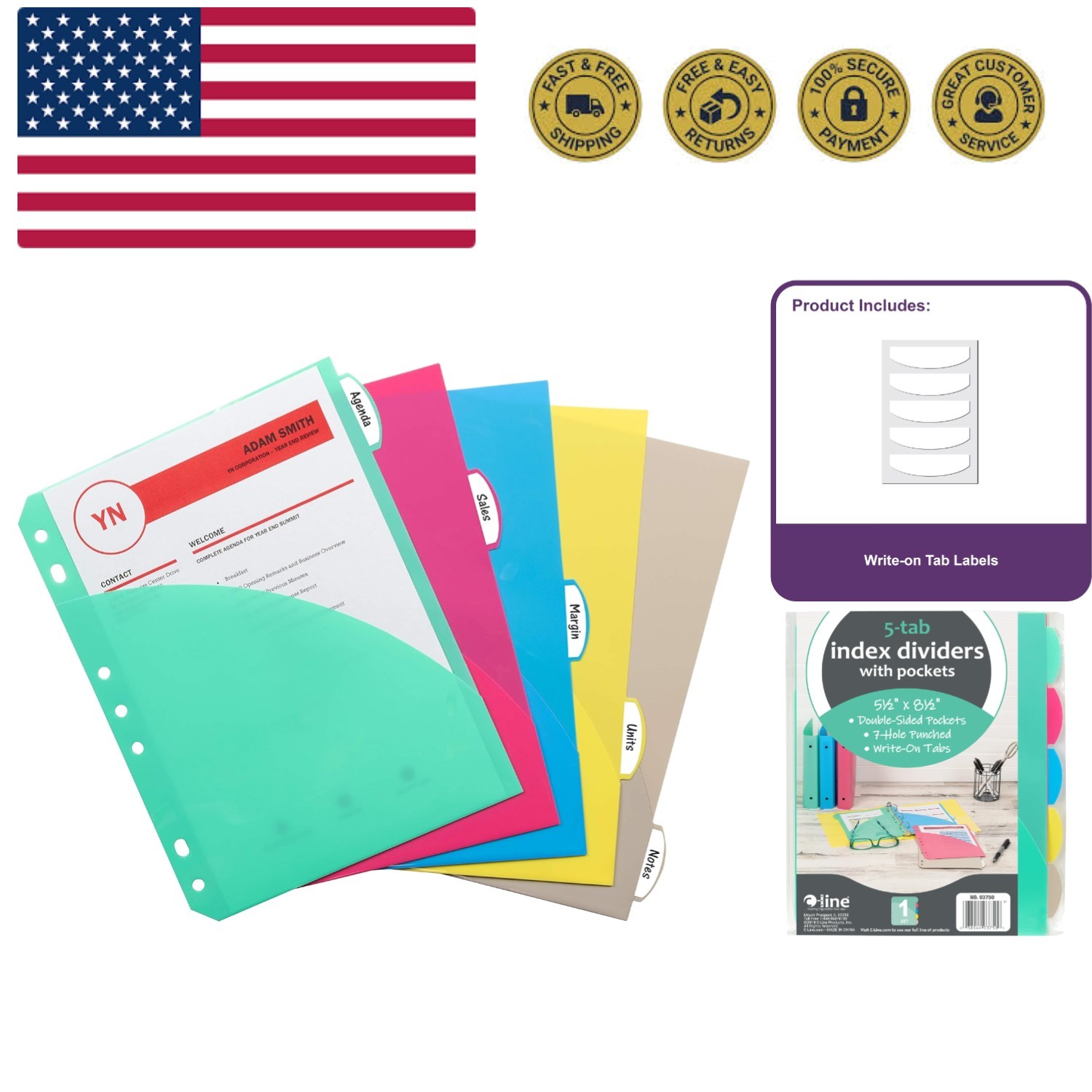 Mini Size 5-Tab Poly Index Dividers with Pockets, for 5.5 x 8.5, 6 x 9 and 8….