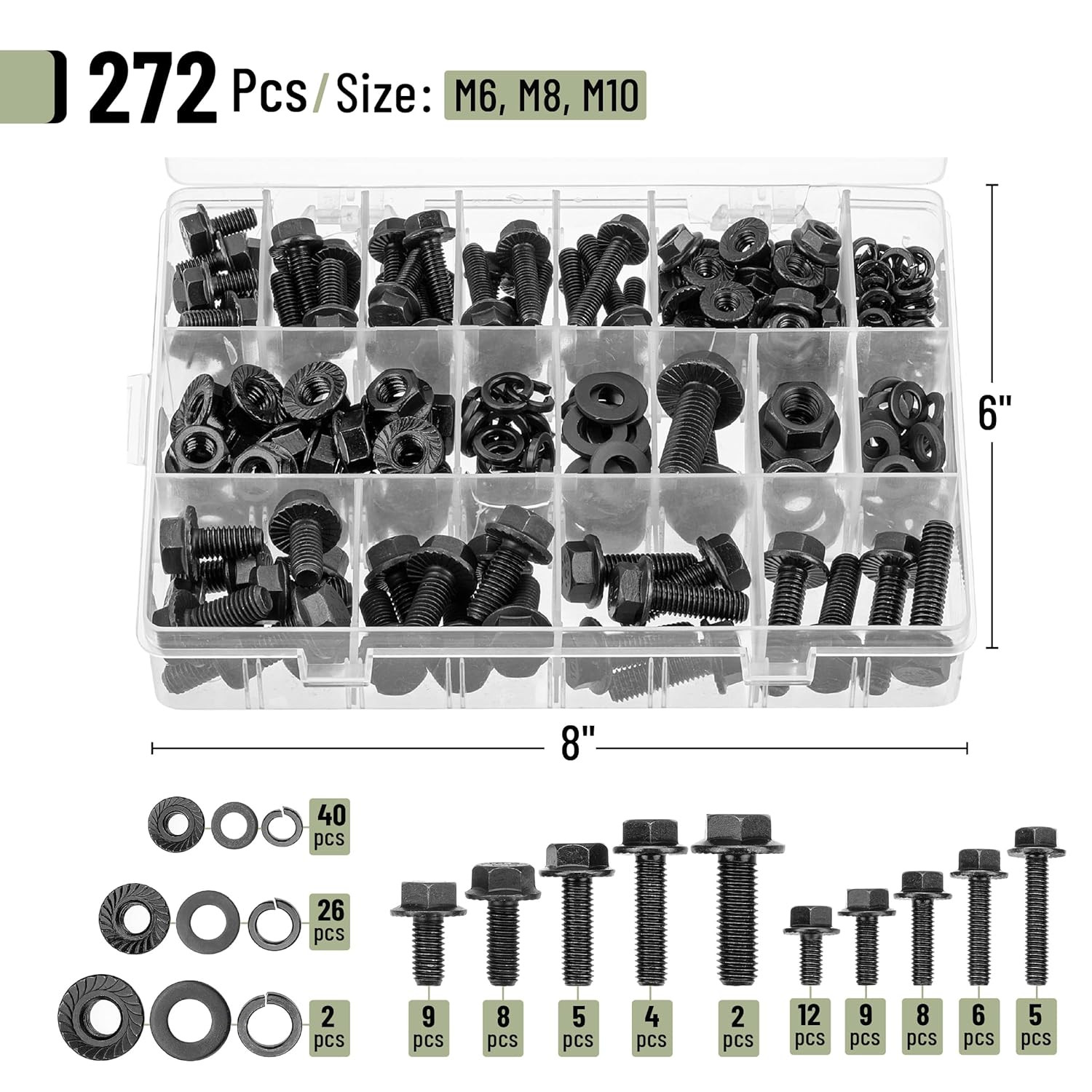 – Nuts and Bolts Assortment Kit, 272 Pcs, Black Carbon Steel, Grade 10.9, M6, M8