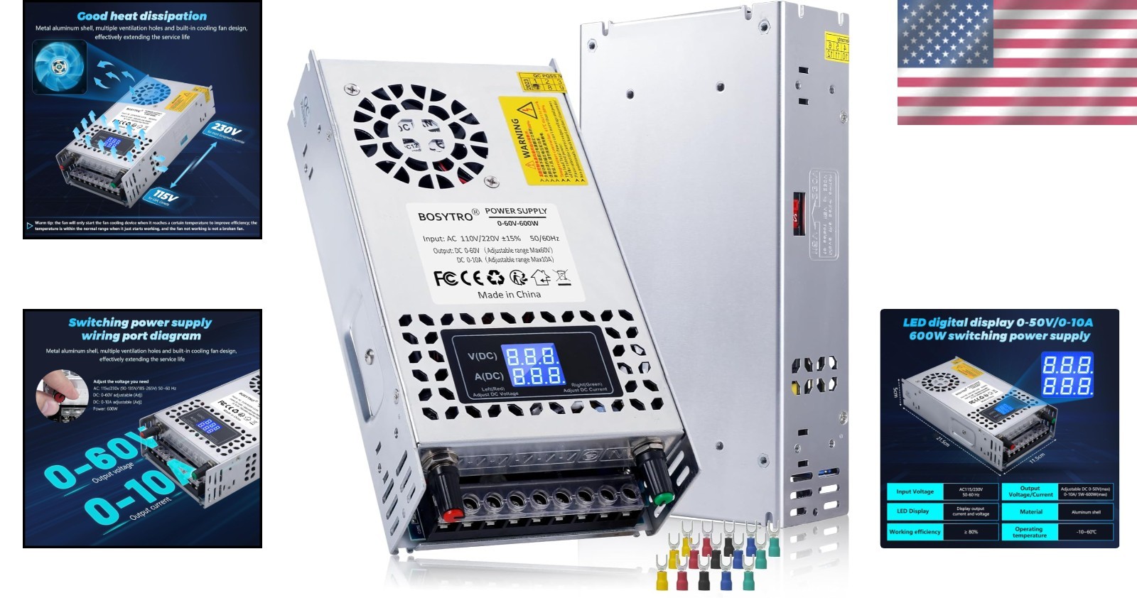 Versatile 60V 600W Power Supply with Cooling Fan and Overvoltage Protection
