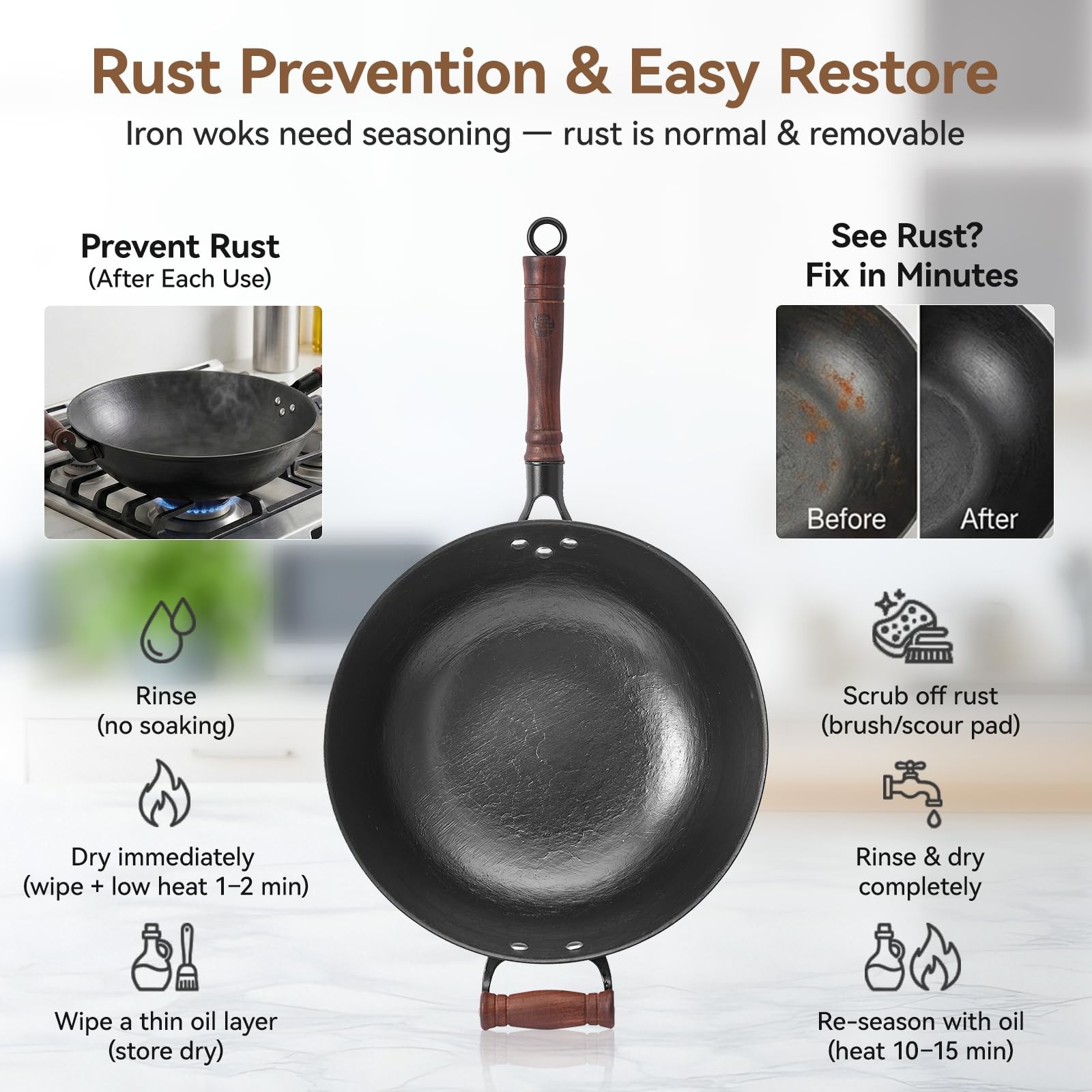 Wangyuanji Cast Iron Wok Pan Lid 14.2 Inch Flat Bottom Uncoated Stir Fry