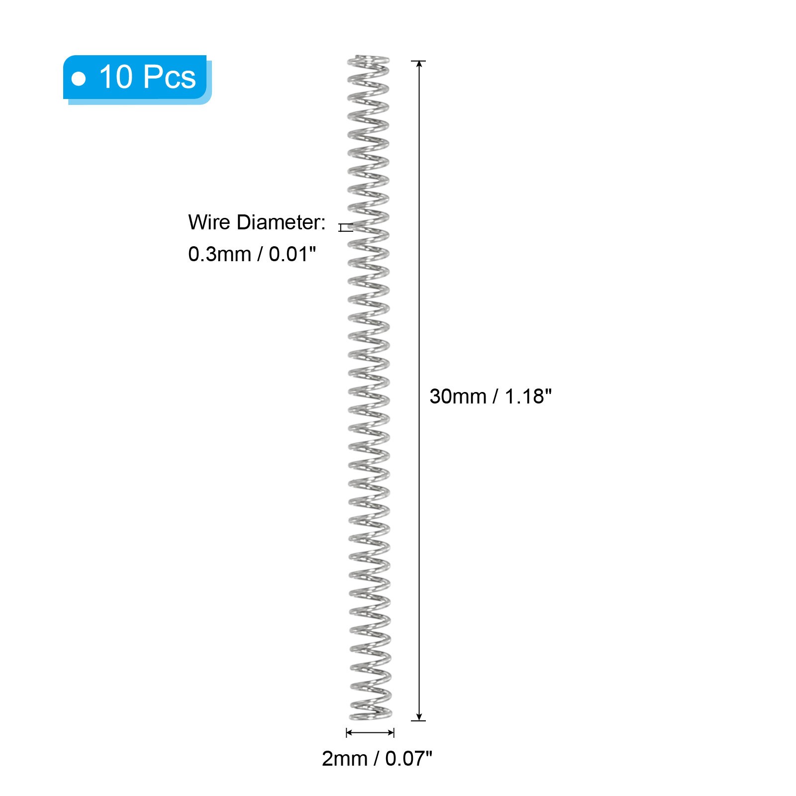 10 Pcs 304 Stainless Steel 0.3mm Wire Dia x 2mm OD x 30mm L Compression Spring