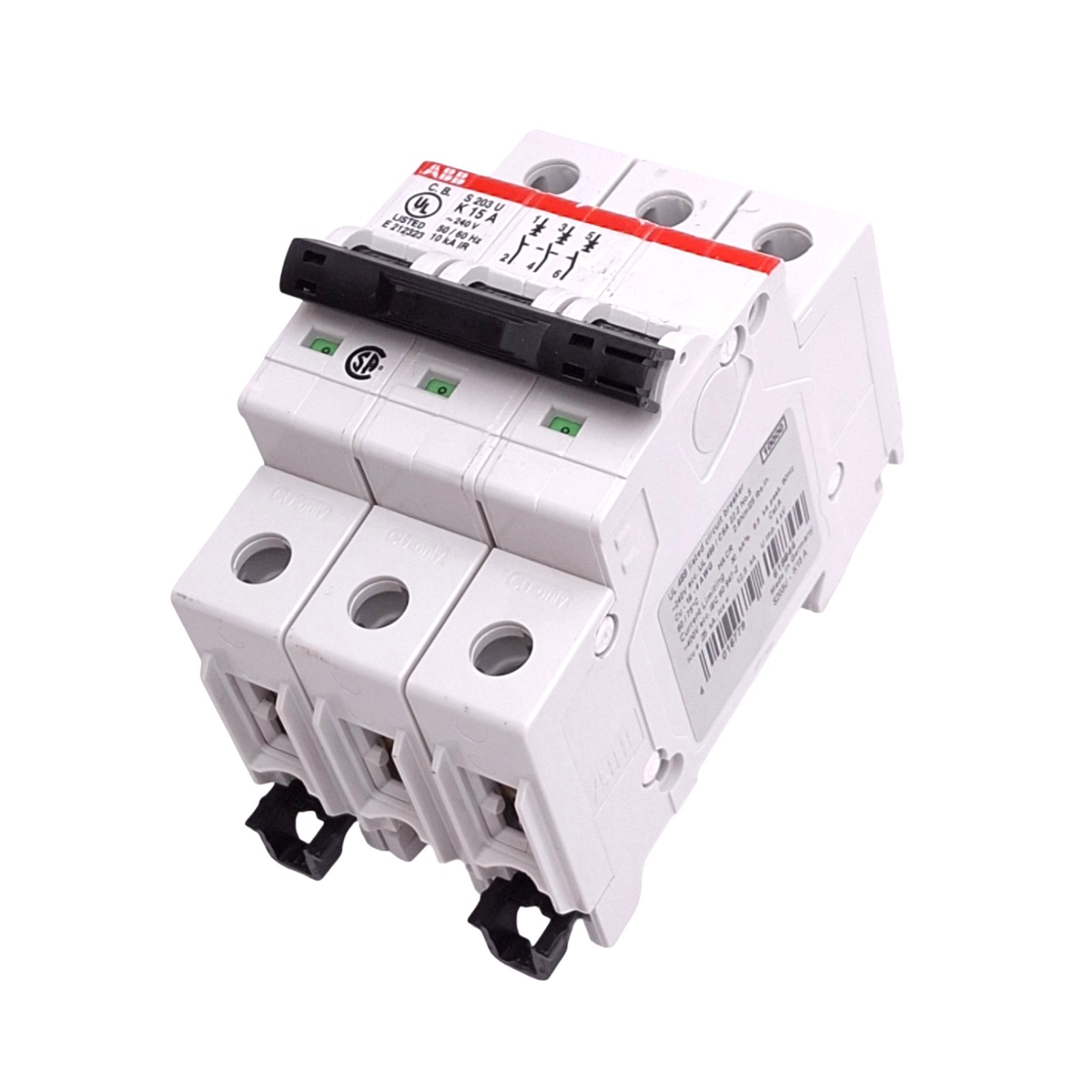 ABB S203U-K15A Circuit Breaker, 3-Pole 15A, 240VAC Max, DIN Rail Mount