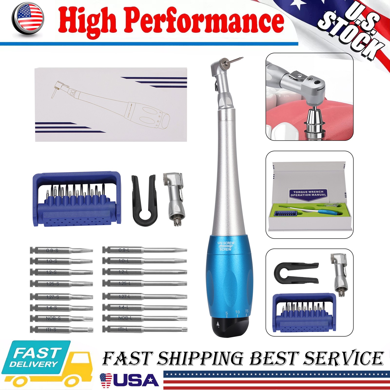 Dental Manual Implant Torque Wrench Handpiece with 16 Screw Drivers 2.35mm 2Head