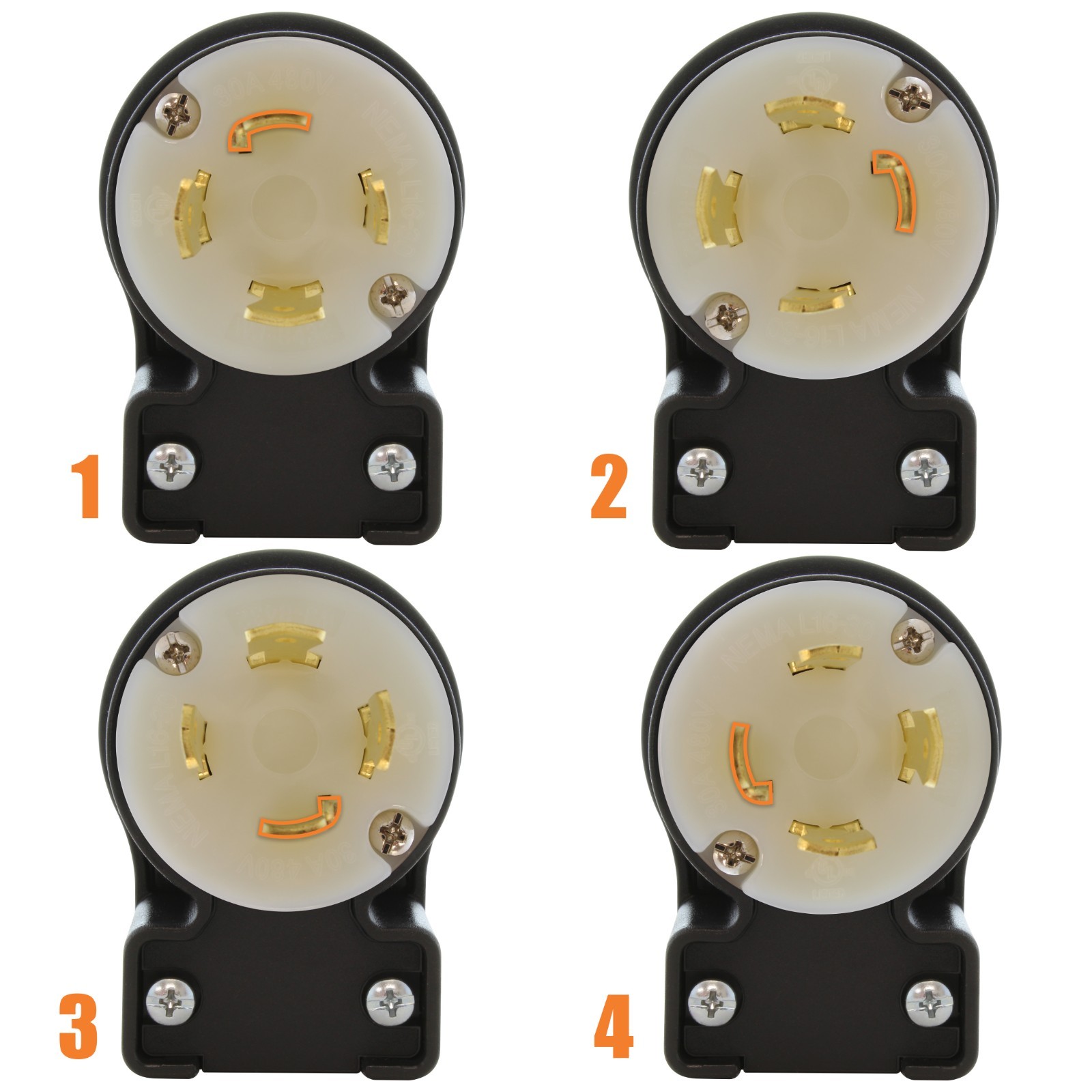30A 480V NEMA L16-30P 4-Prong Locking Male Right Angle Plug Assembly in Black