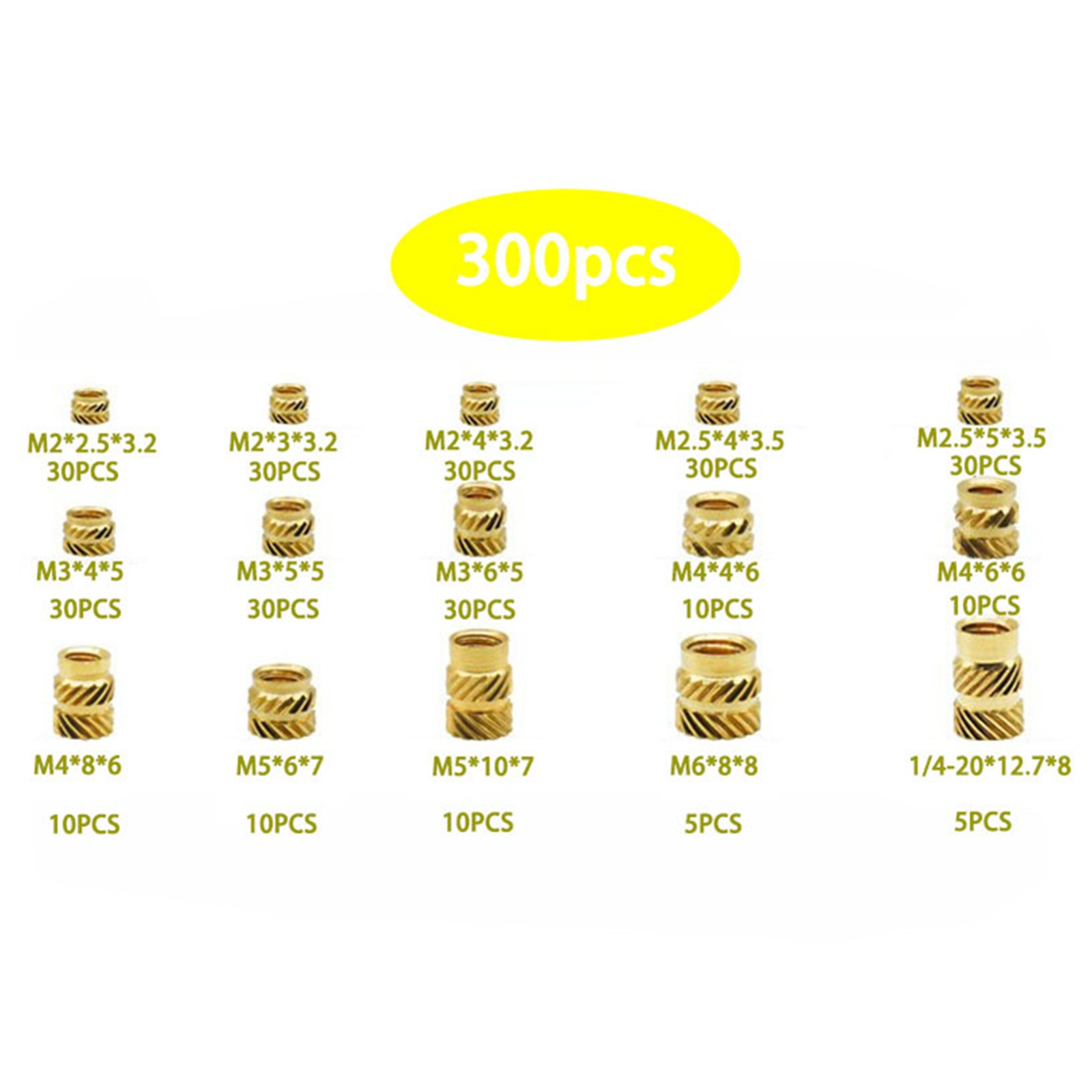 300pcs 7 Models 15 sizes M2-M6 Brass Threaded Inserts for Plastic 3D Printing