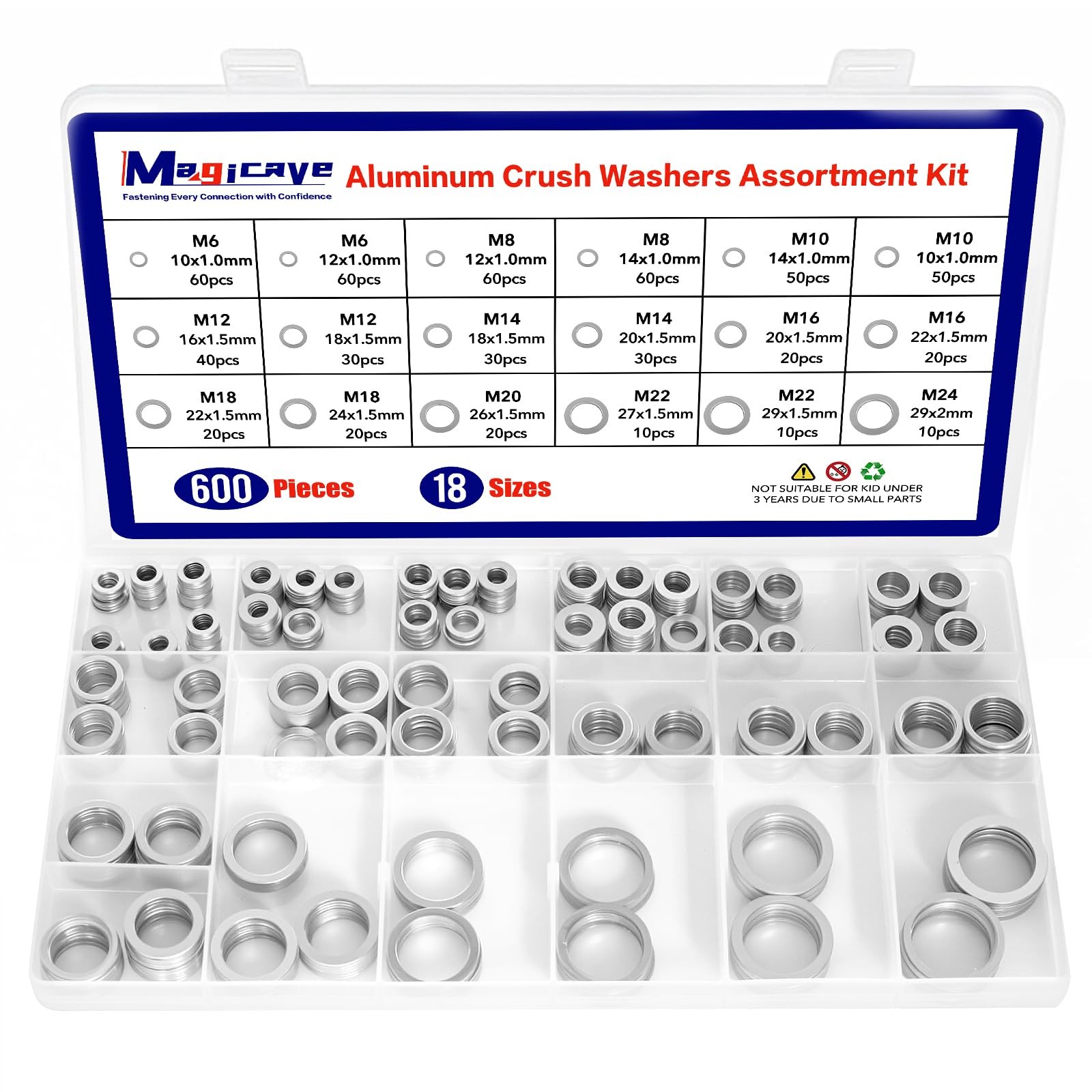 600 Pcs Aluminum Crush Washer Assortment Kit – 18 Sizes Oil Drain Plug Gasket