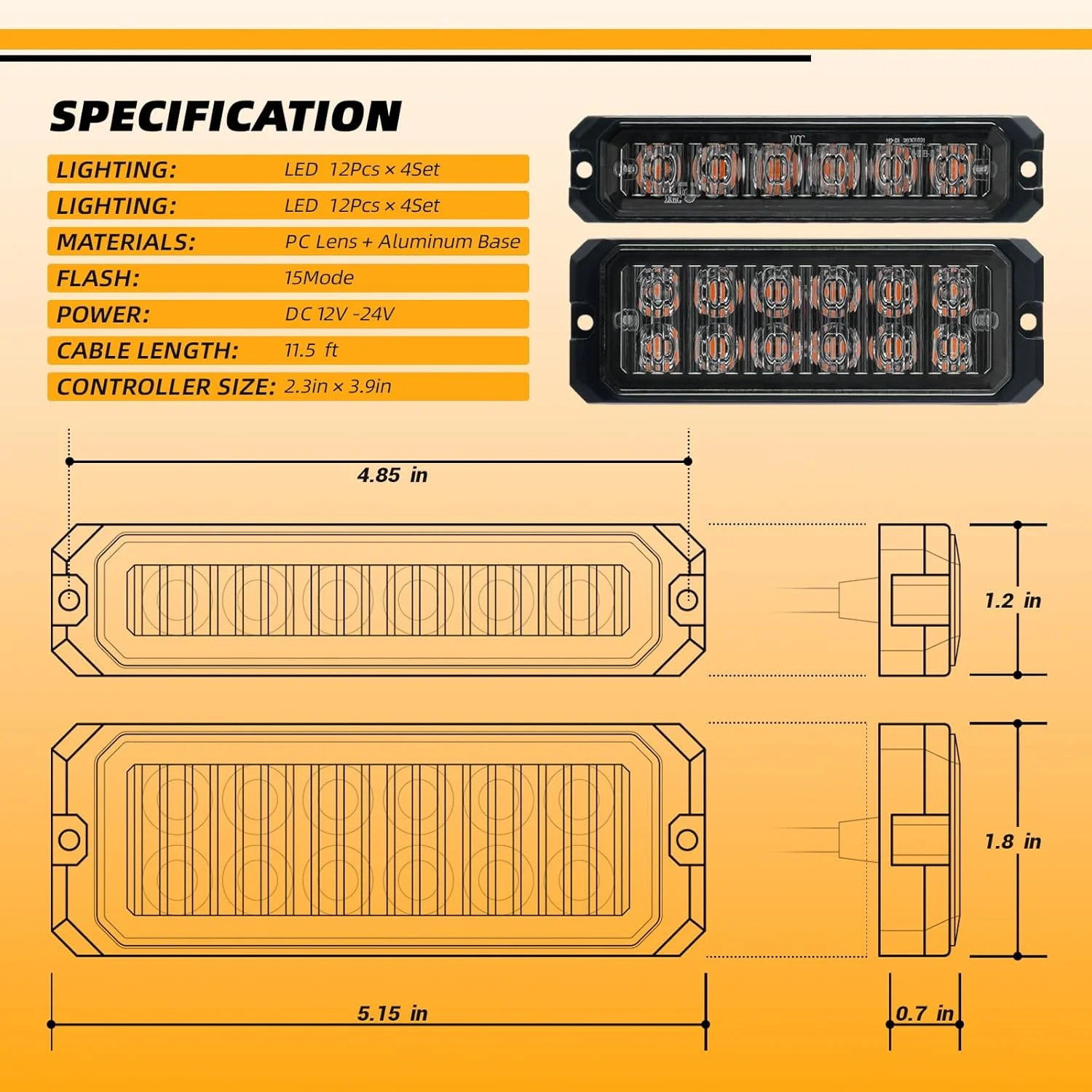 8PCS Ultra Slim LED Strobe Lights Amber White Warning Flashing Kit for Trucks