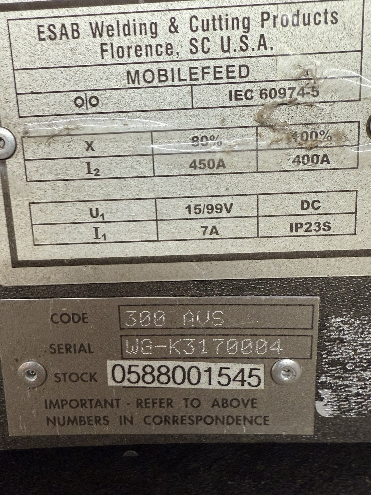ESAB 300 AVS Mobilefeed Suitcase Portable Wire Feeder Parts Repairs