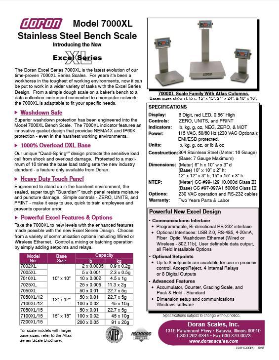 Doran 7100XL/15 Stainless Steel Bench Scale, 15″x15″ Platform, 100 lb x 0.02 lb