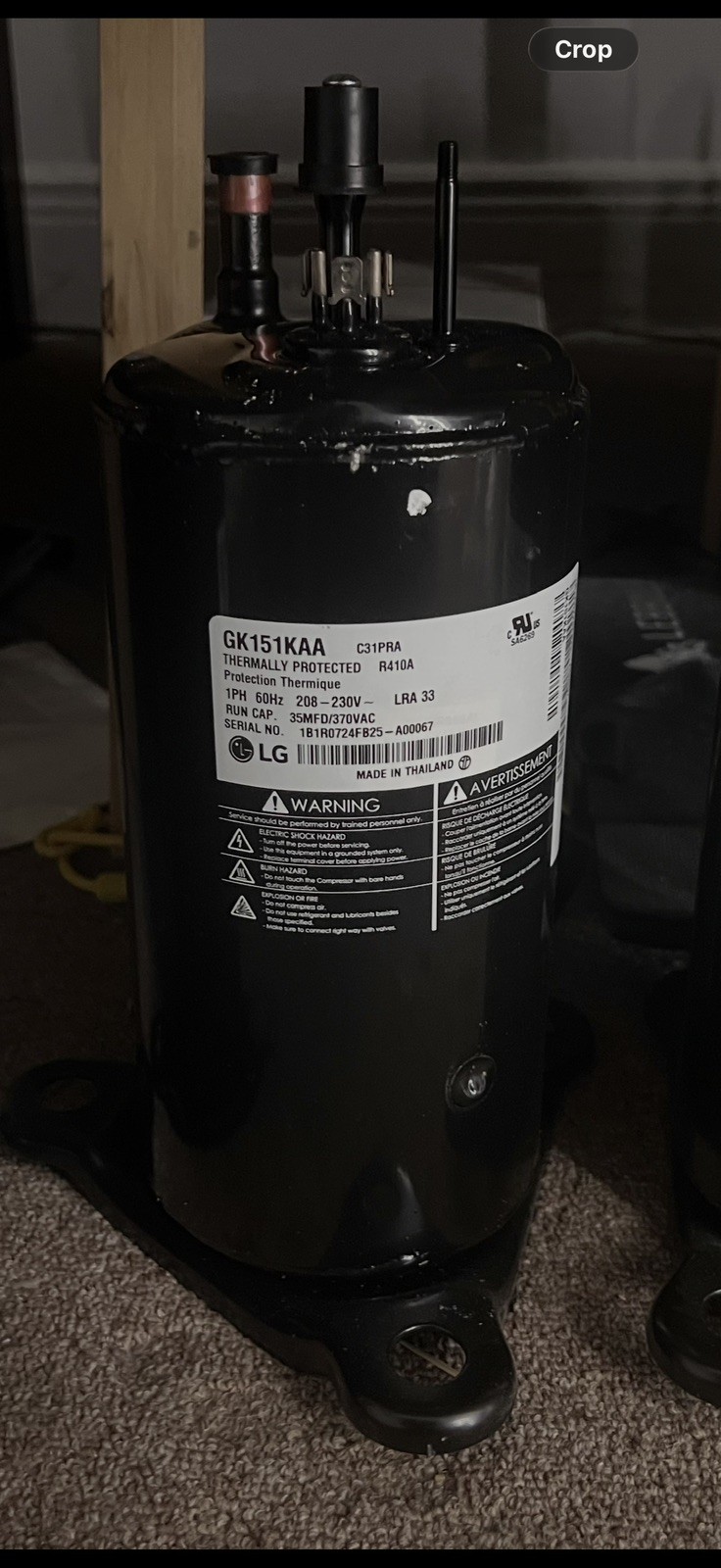 LG GK151KAA Rotary Compressor 15,400 BTU 208-230V R410A Daikin McQuay